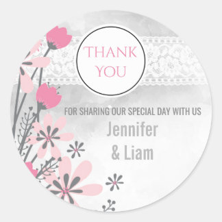 Pink Spring Blossom Lace Wedding Thank You Favour Classic Round Sticker