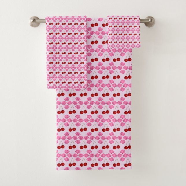 Pink Spring Cherry blossom and cherries Patterned Bath Towel Set (Insitu)