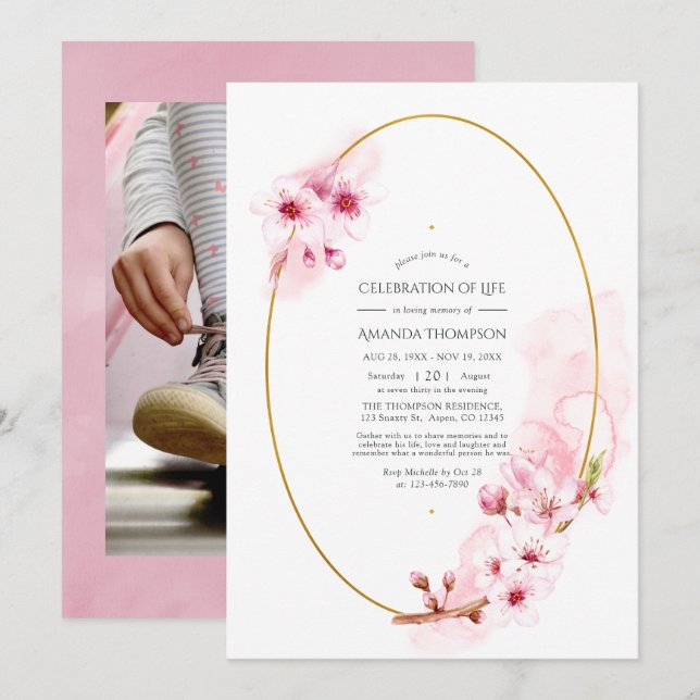 Pink Spring Cherry Blossom Celebration of Life Invitation (Front/Back)