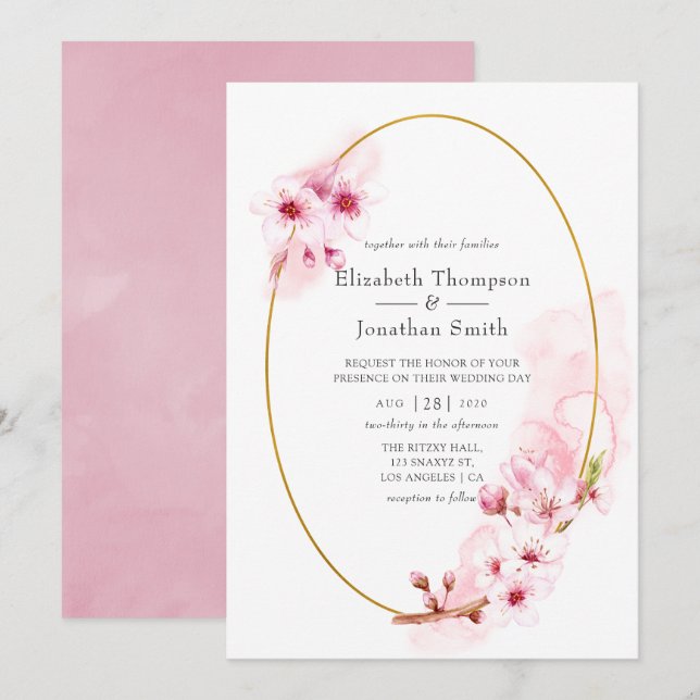 Pink Spring Cherry Blossom Wedding Invitation (Front/Back)
