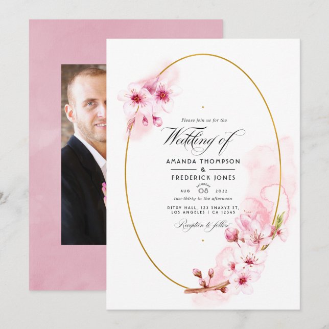 Pink Spring Cherry Blossom Wedding Photo Invitation (Front/Back)
