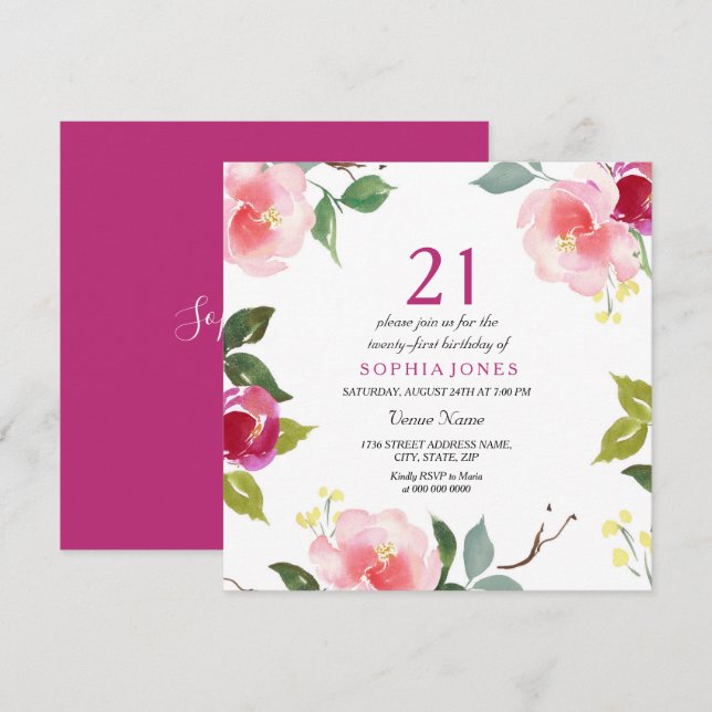 Pink Spring Floral 21st Birthday Party Invitation (Front/Back)
