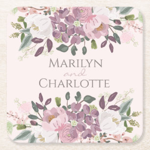 Pink Spring  Floral Bouquet Wedding  Square Paper Coaster