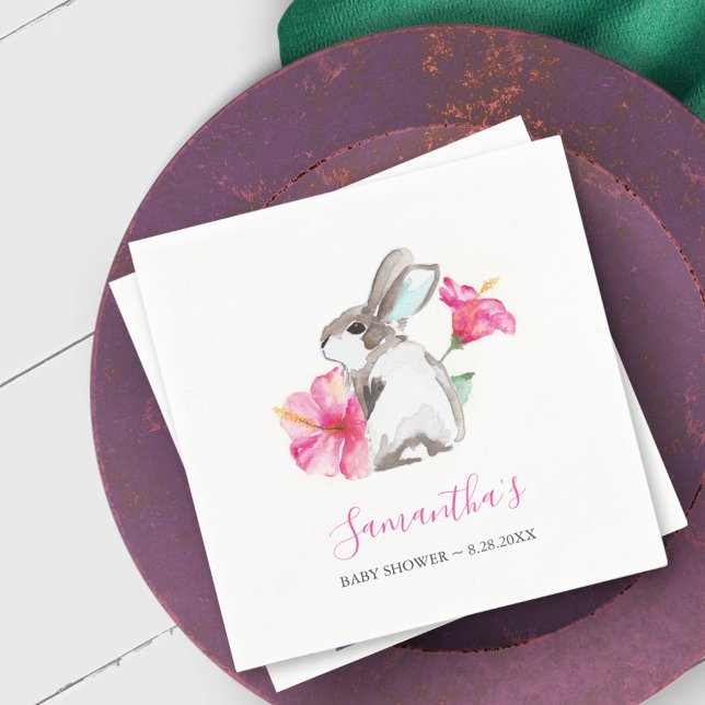 Pink Spring Floral Bunny Watercolor Napkin (Watercolor bunny rabbit and pink floral design. )