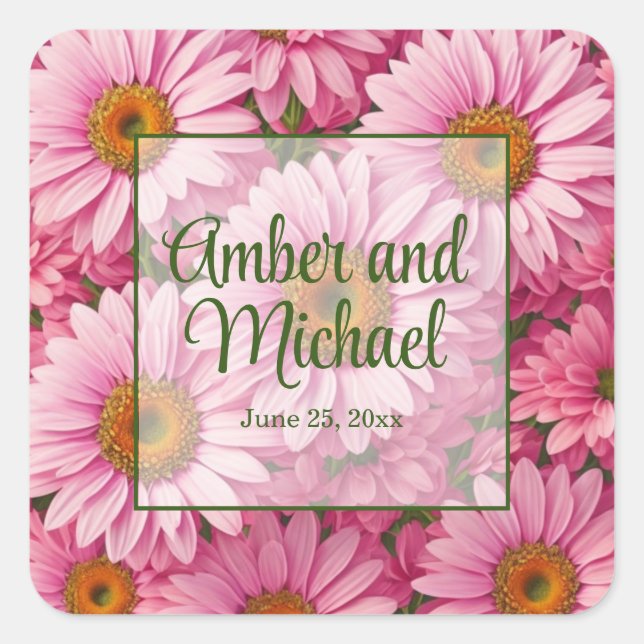 Pink spring floral pink daisies retro pink flowers square sticker (Front)