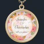 Pink Spring Floral Wedding Gold Plated Necklace<br><div class="desc">An elegant necklace to celebrate your nuptials a floral wedding design, perfect for a spring wedding or those who want a touch of class with flowers. This beautiful floral design features a pattern of flowers in pink and apricot on a pink and white background. The text is fully customizable and...</div>