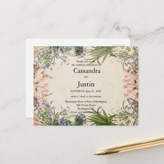 Pink Spring  Floral Wedding Invite Postcard (Front/Back In Situ)