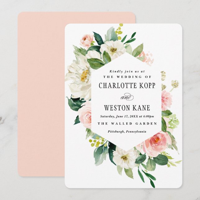 Pink Spring Florals Wedding Invitation (Front/Back)