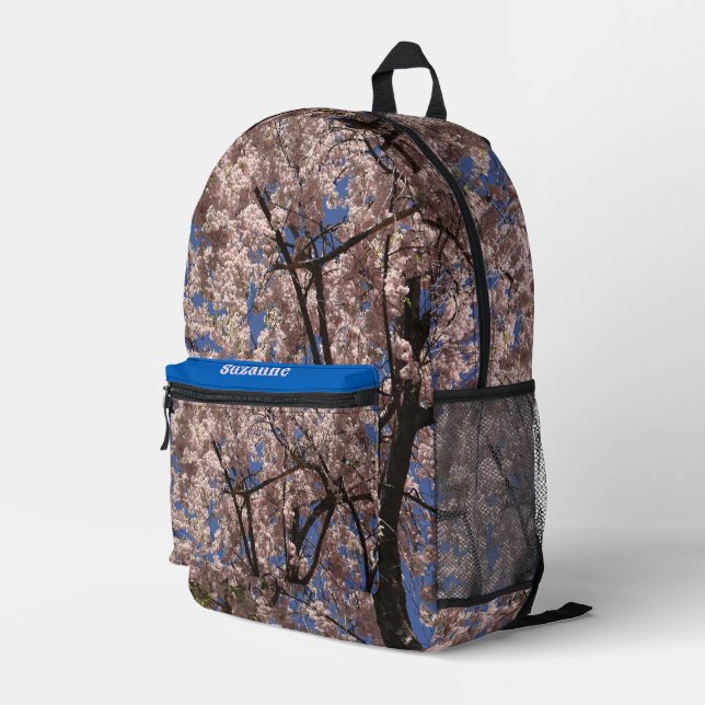 Pink Spring Flower Blossom Umbrella Blue Sky Printed Backpack (Back Corner Right)