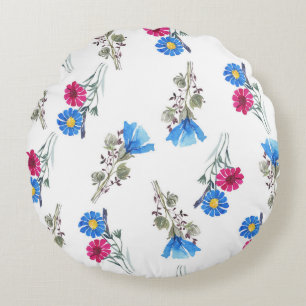 Pink Spring Flowers Watercolor Botanical Round Pillow