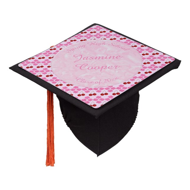 Pink Spring Japanese Cherry blossom and cherries Graduation Cap Topper (Angled)