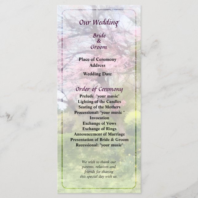 Pink Spring Tree and Daffodils Wedding Program (Front)