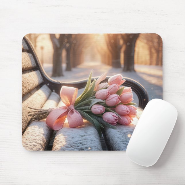 Pink Spring Tulips On Snowy Bench Mouse Pad (With Mouse)