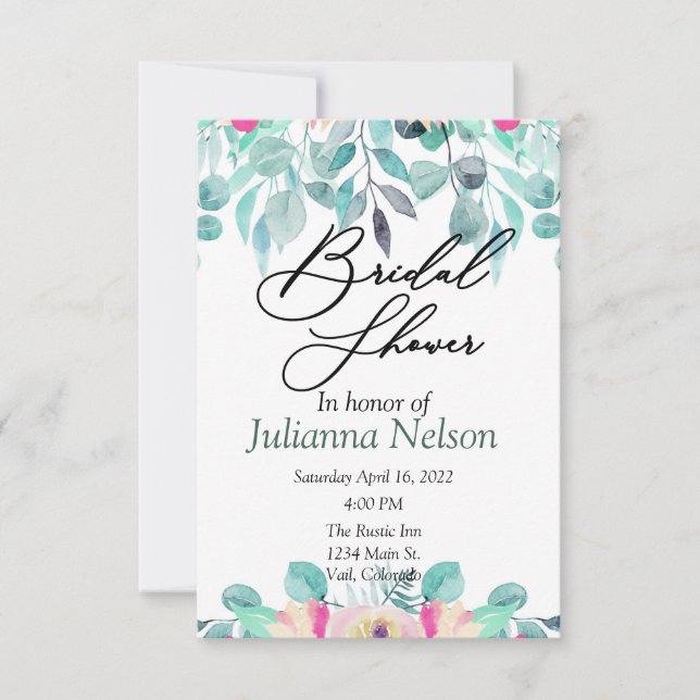 Pink spring watercolor floral  invitation (Front)