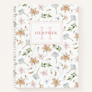 Pink Spring Watercolor Floral Monogram Name Notebook