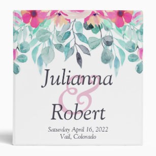 Pink spring watercolor floral wedding  3 ring bind binder