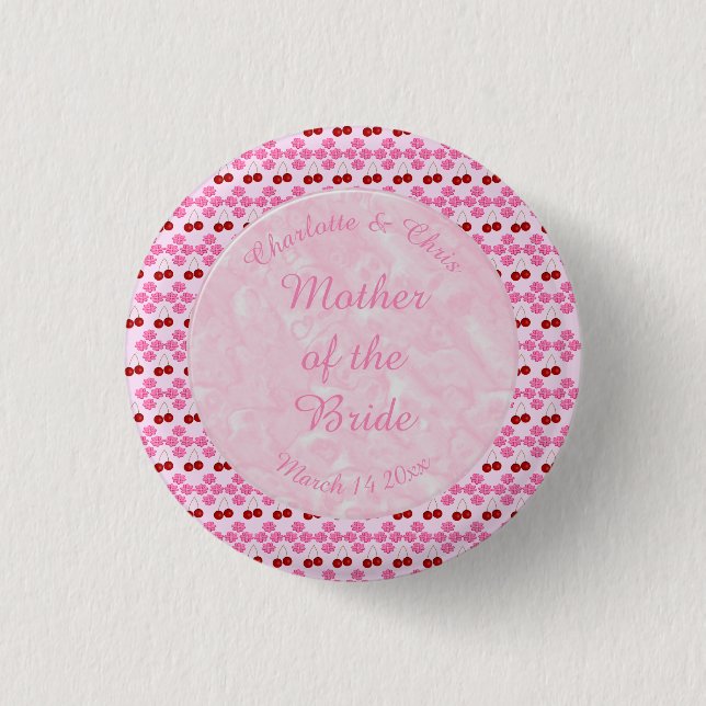 Pink Spring Wedding Cherry blossom and cherries 1 Inch Round Button (Front)