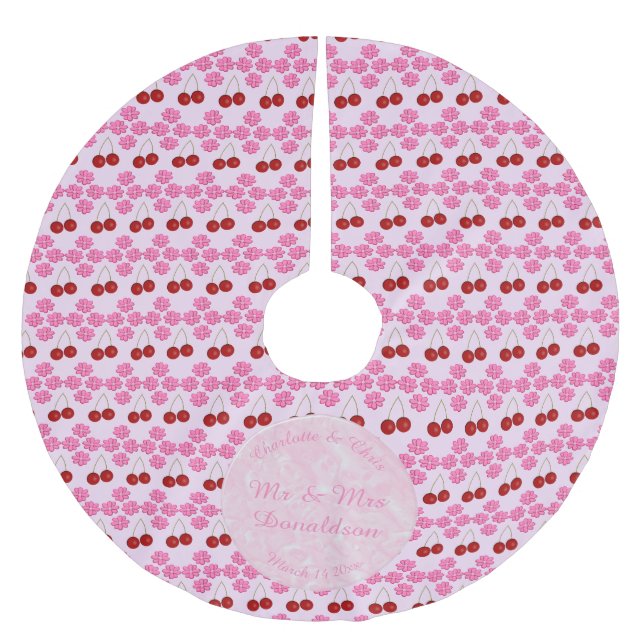 Pink Spring Wedding Cherry blossom and cherries Brushed Polyester Tree Skirt (Front)