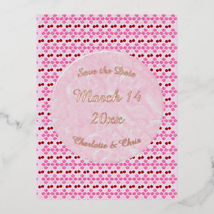 Pink Spring Wedding Cherry blossom and cherries Foil Holiday Postcard