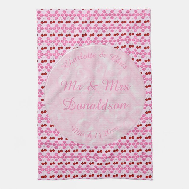 Pink Spring Wedding Cherry blossom and cherries Kitchen Towel (Vertical)