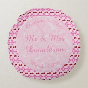 Pink Spring Wedding Cherry blossom and cherries Round Pillow
