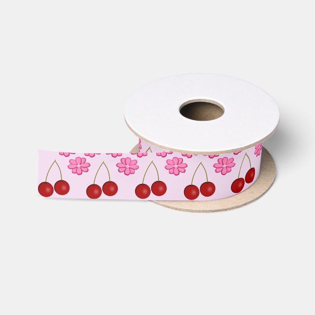 Pink Spring Wedding Cherry blossom and cherries Satin Ribbon (Spool)