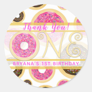 Pink Sprinkle Doughnut Doughnuts ONE 1st Birthday  Classic Round Sticker