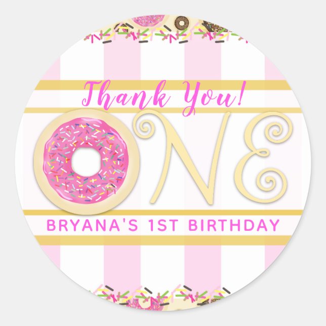 Pink Sprinkle Doughnut Doughnuts ONE 1st Birthday  Classic Round Sticker (Front)