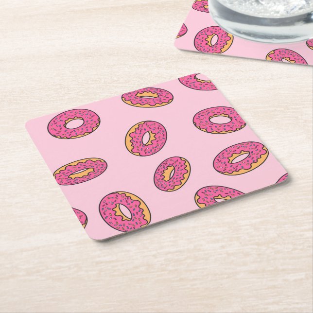 Pink Sprinkle Doughnut Pattern Square Paper Coaster (Angled)