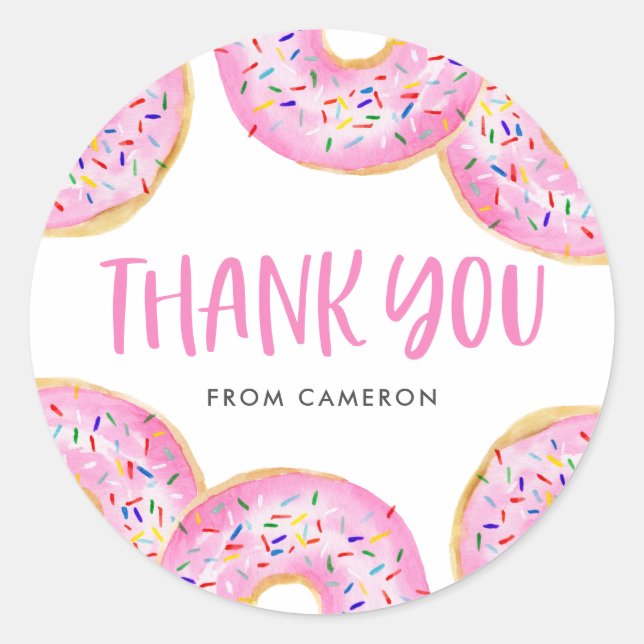 Pink Sprinkle Doughnuts Birthday Party Thank You Classic Round Sticker (Front)