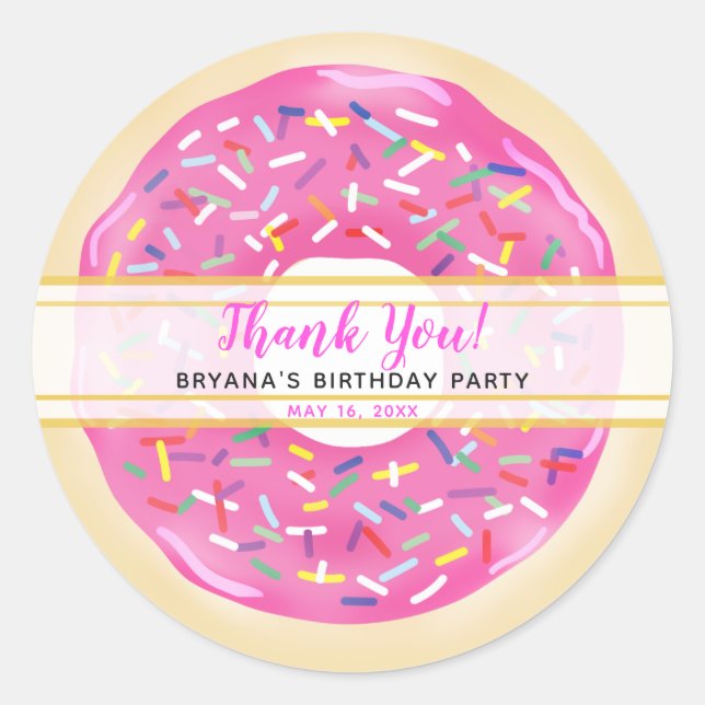 Pink Sprinkle Doughnuts Modern Birthday Party Classic Round Sticker (Front)
