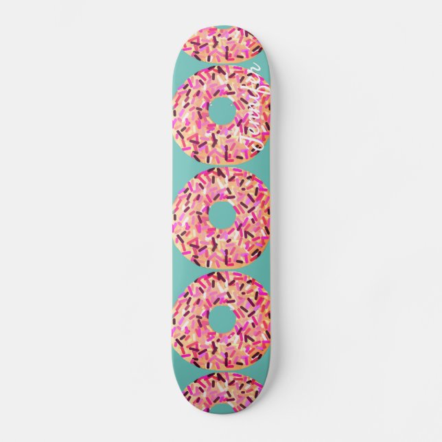 Pink Sprinkled Doughnuts Girly Teal Customized Skateboard (Front)