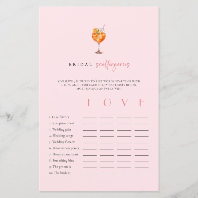 Pink Spritz Bridal Shower Scattergories Game (Front)