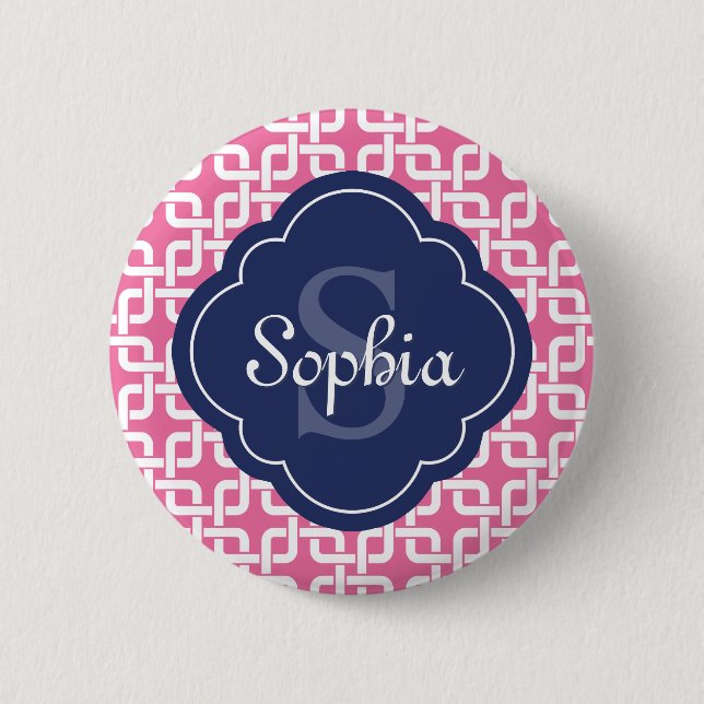 Pink Square Chain Pattern Blue Monogram 2 Inch Round Button (Front)