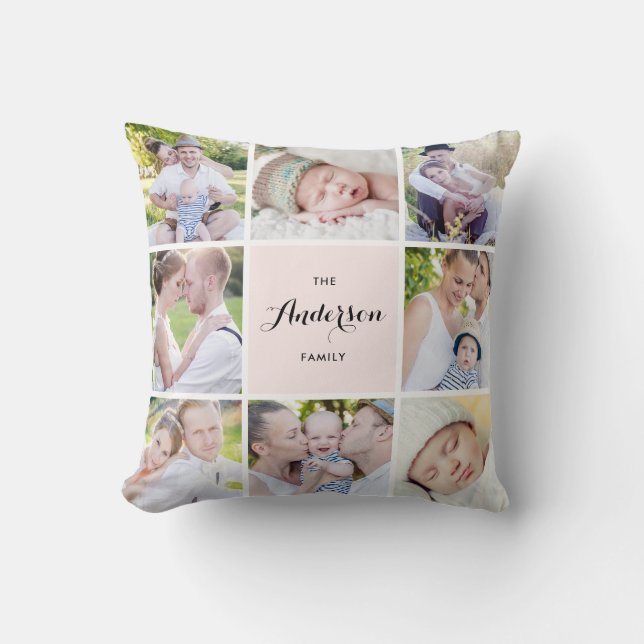 Pink Square Family Photo Collage Pillow (Front)