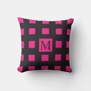 Pink Squares Geometric Patterns Monogram Black Outdoor Pillow