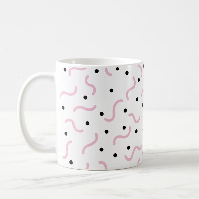 Pink Squiggles and Black Dots Memphis Pattern Coffee Mug (Left)
