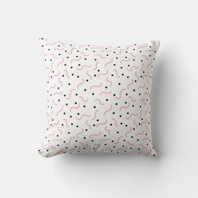 Pink Squiggles and Black Dots Memphis Pattern Throw Pillow (Front)