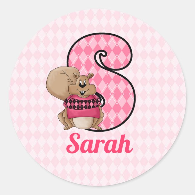 Pink Squirrel Monogram Letter S with Name Classic Round Sticker (Front)