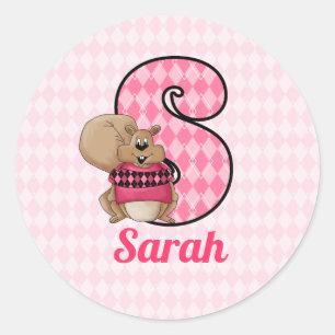 Pink Squirrel Monogram Letter S with Name Classic Round Sticker