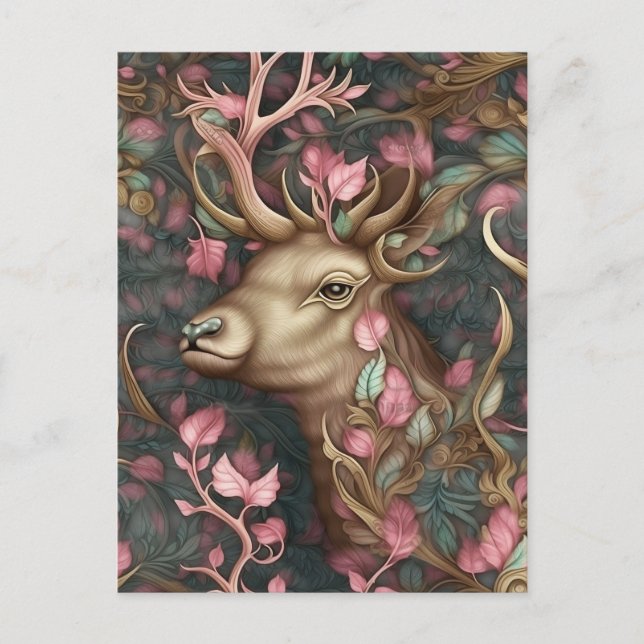 Pink Stag Hiding In The Forest Postcard (Front)