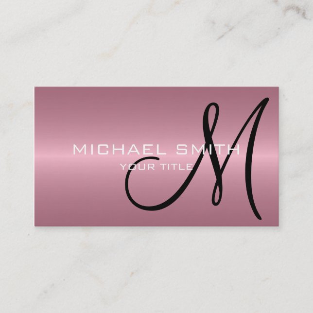 Pink Stainless Steel Metal Monogram Business Card (Front)