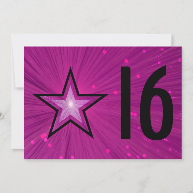 Pink Star '16' birthday invitation black back (Front)