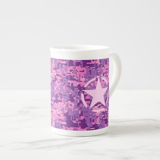 Pink Star Deco on Digital Camo Style Bone China Mug (Front Right)
