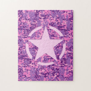 Pink Star Deco on Digital Camo Style Jigsaw Puzzle