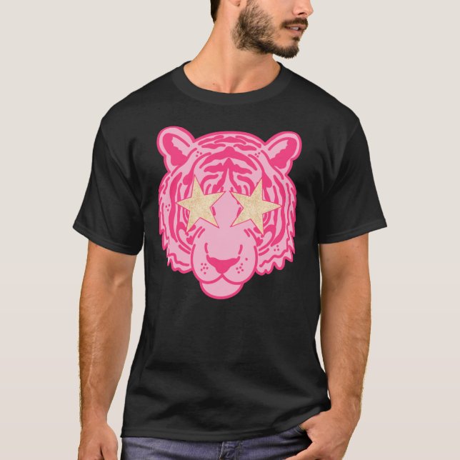 Pink Star Eye Tiger Face Sticker T-Shirt (Front)