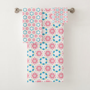 Pink star flower blue dots pattern bath towel set
