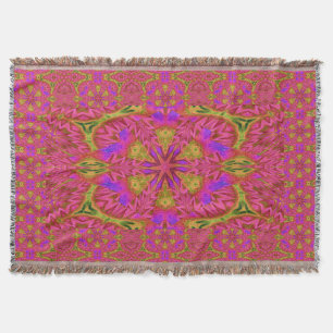 Pink Star Flower in Green Throw Blanket