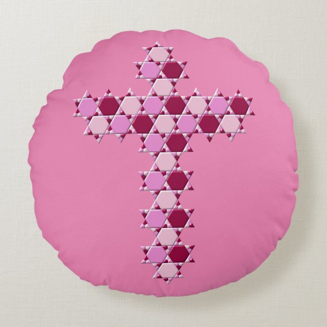 Pink Star of David Cross Optical Illusion Round Pillow (Front)