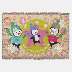 Pink Star Orbs Skating Penguins Holiday Throw